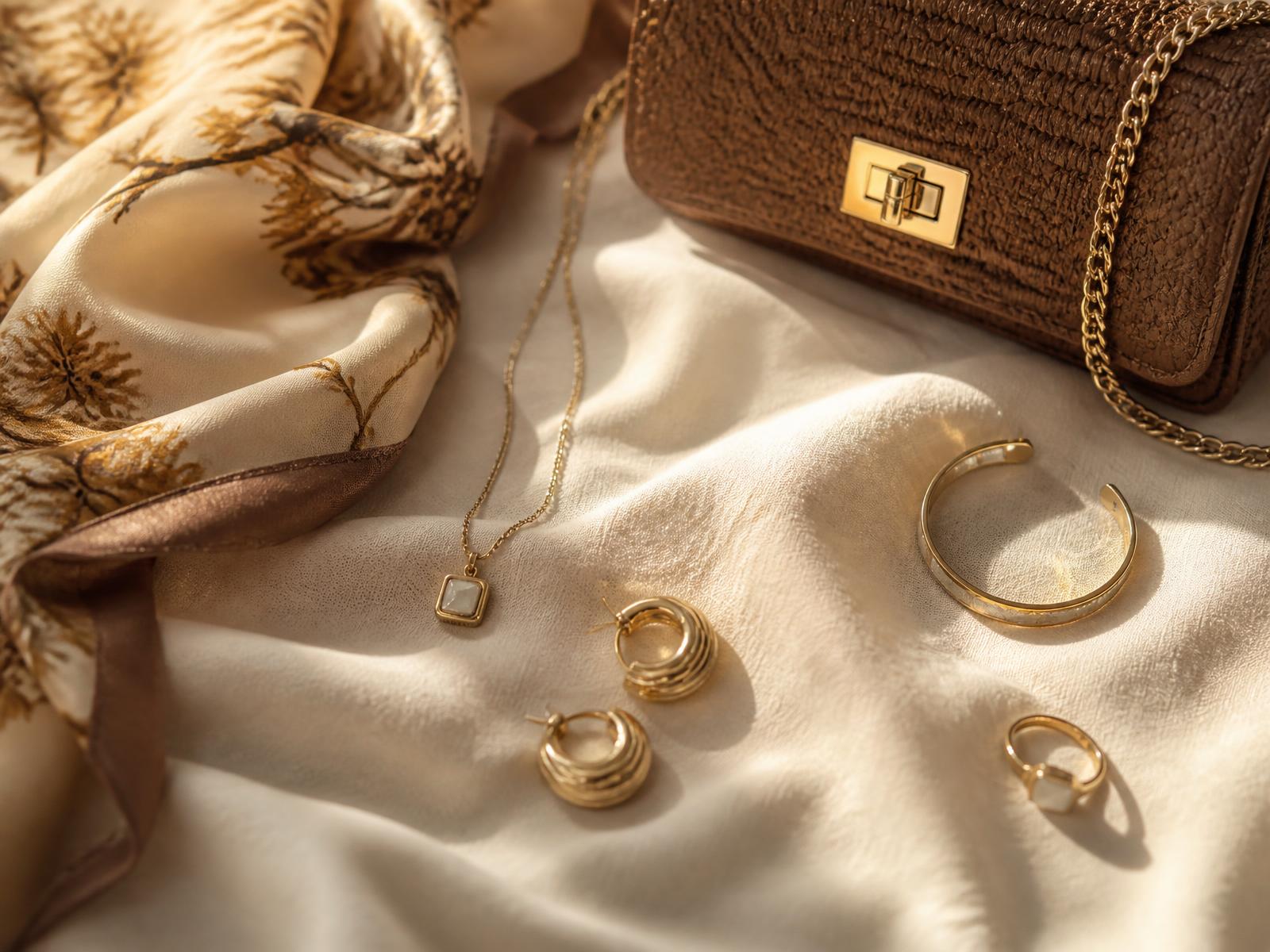 Leather accessories arranged on warm linen in soft side light